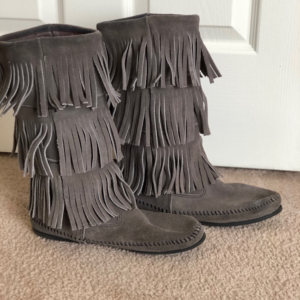 Grey Suede Tall Fringe Boots